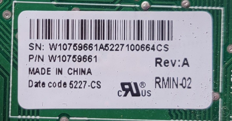 Genuine Refrigerator Whirlpool Control Board Part#W10759661