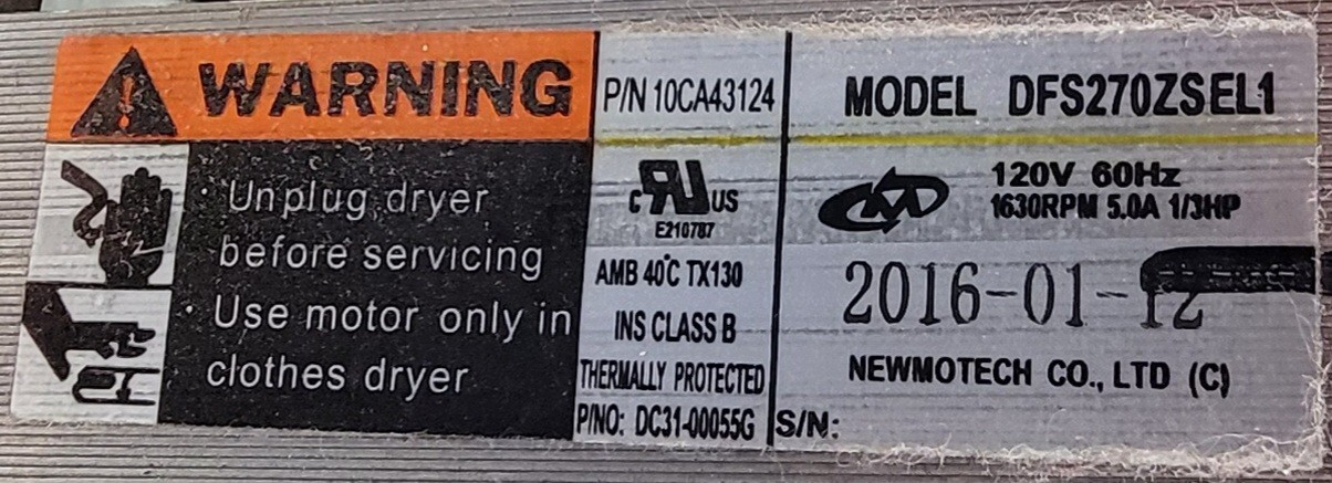 Genuine Dryer Samsung Motor w/Blower Part#10CA43124