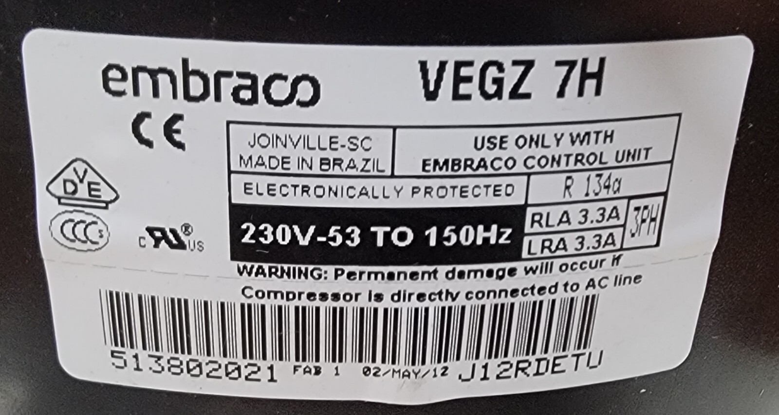 Genuine Refrigerator Whirlpool Compressor Part#513802021 VEGZ7H