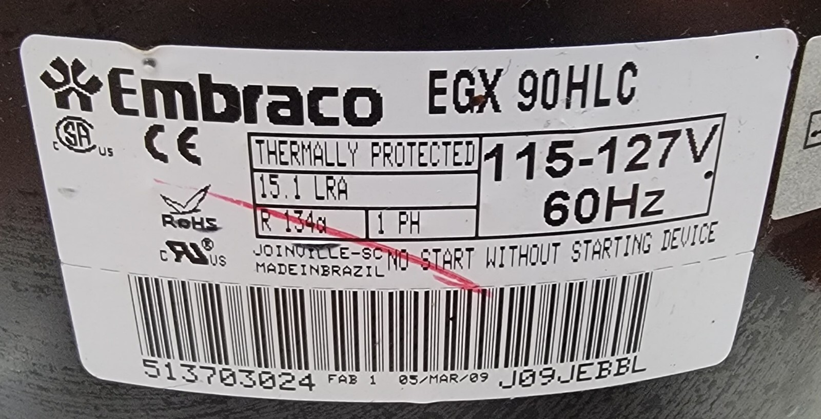 Genuine Refrigerator LG Compressor Part#513703024 EGX 90HLC