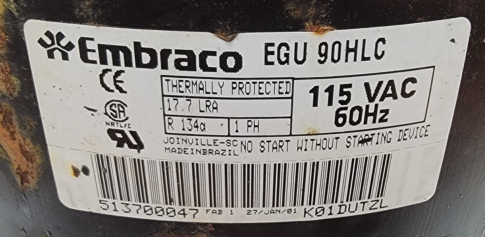 Genuine Refrigerator LG Compressor Part#513700047 EGU 90HLC