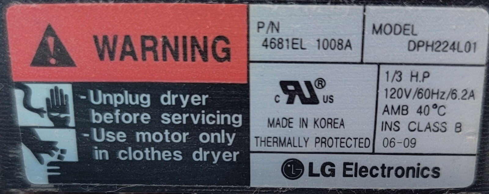 Genuine Dryer LG Motor w/Blower Part#4681EL1008A