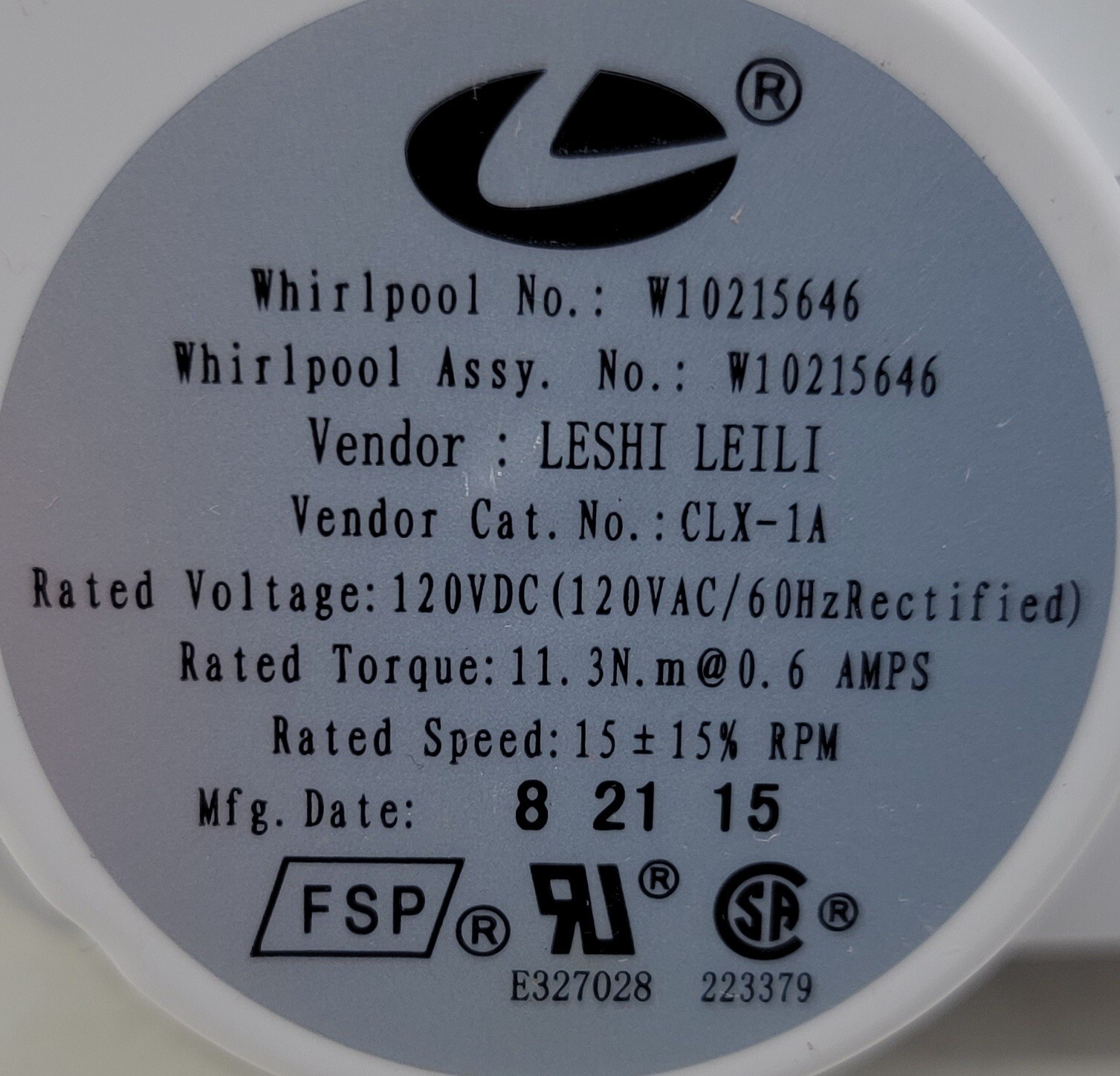 Genuine Refrigerator Kitchen Aid Auger Motor Part#W10215646