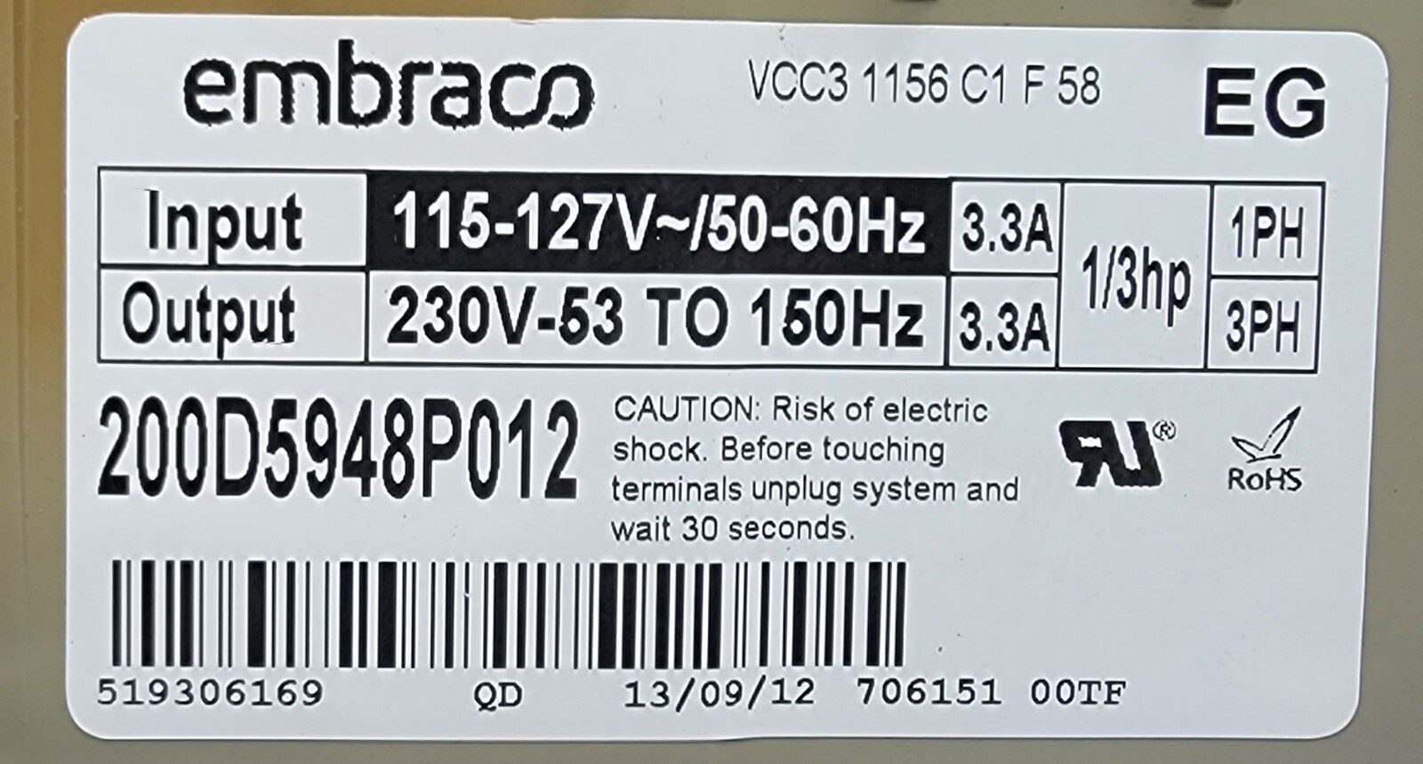 Genuine Refrigerator GE Inverter Control Board Part#197D8501G503