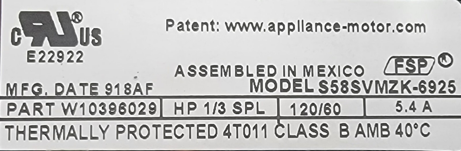 Genuine Dryer Whirlpool Motor Part#W10396029
