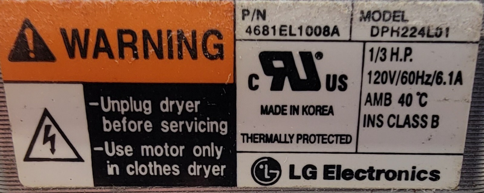 Genuine Dryer LG Motor w/Blower Part#4681EL1008A