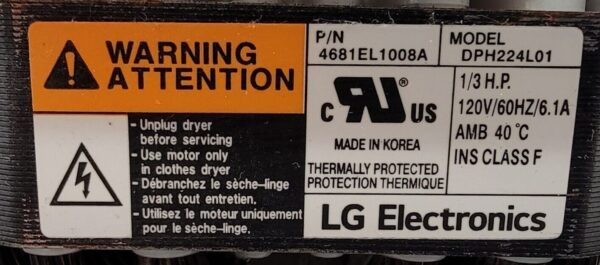 Genuine Dryer LG Motor w/Blower Part#4681EL1008A - Image 5